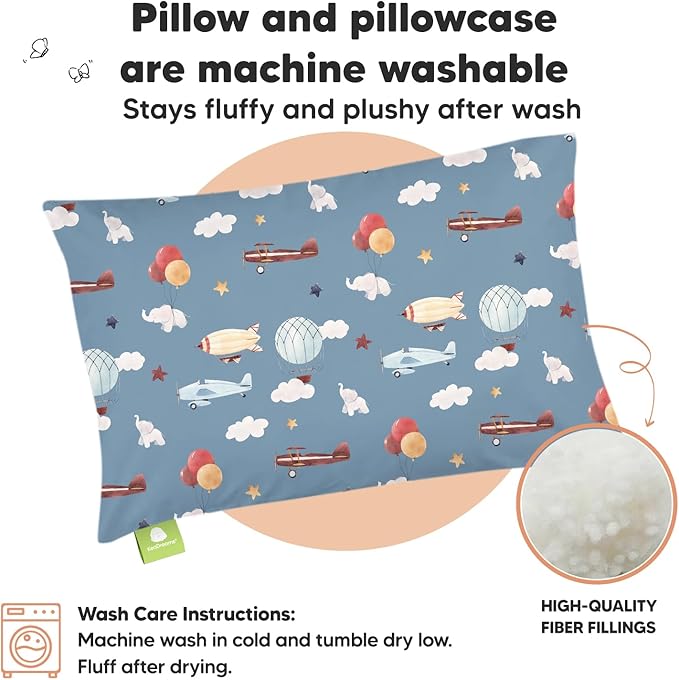 Toddler Pillow with Pillowcase - 13x18 My Little Dreamy Kids Travel Bed Pillows for Sleeping, Organic Cotton Small Pillowcase, Soft & Breathable, Machine Washable, Toddlers 2-5 years old (Up & Away)