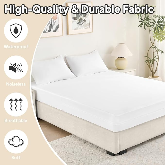 Twin Waterproof Mattress Protector (12”-16” Depth) – Zippered Six-Sided Mattress Encasement Bed Cover, Noiseless Breathable Twin Mattress Cover, Machine Washable Waterproof Bed Protector, White