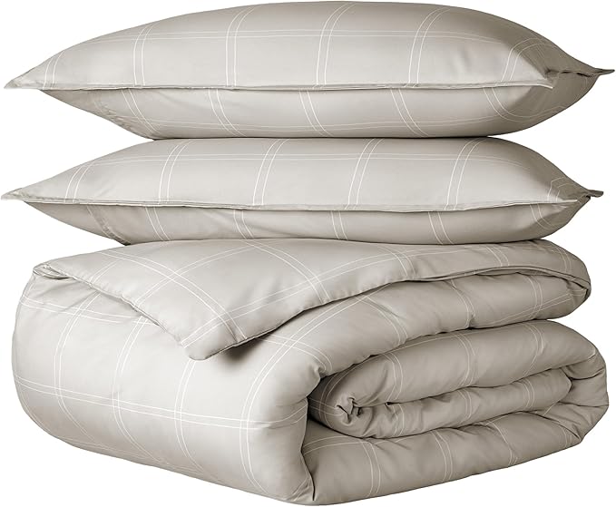Bare Home Duvet Cover - Oversized Queen Size Bedding Set - Premium 1800 Super Soft Collection - Lightweight, Cooling - Soft Breathable Duvet Cover (Oversized Queen, Modern Plaid - Stone/White)