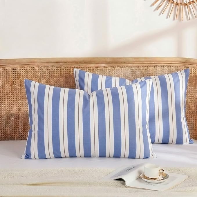 Merryword Blue and White Striped Pillowcases, King Size Pillowcases, 100% Cotton Pillow Cases, Soft Breathable Wide Stripes Pillow Covers, Set of 2