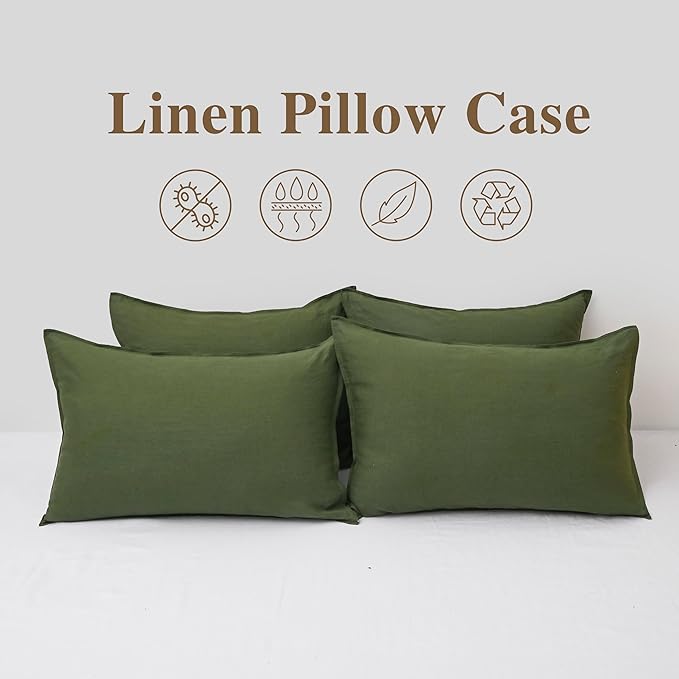 CHUFFED Linen Pillowcases 2 Pack 100% Linen Standard Pillow Cases, Breathable and Cooling Washed Pillowshams with Zipper Closure, 20x26 Inches,Mossy Green