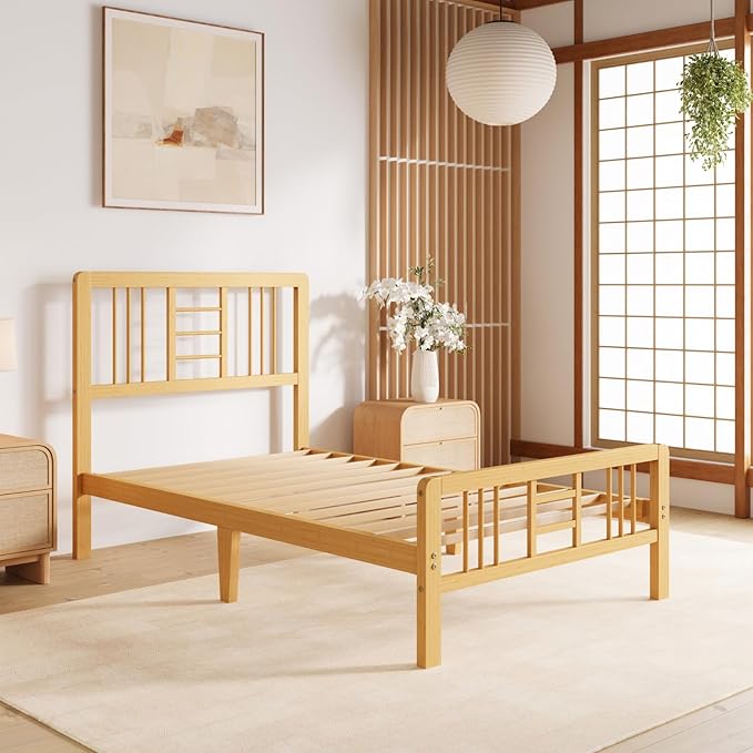 Hunlostten 10 in High Bamboo Wood Twin Bed Frame with Headboard & Footboard, Platform Bed Frame Twin Size with Steel Slats Support, Heavy Duty, No Box Spring Needed, Easy Assembly