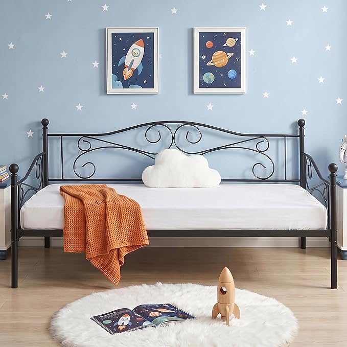 VECELO Daybed Frame, Twin Size Metal Platform Bed with Headboard,Heavy Duty Steel Slats Support for Living Room Bedroom Guest Room, Easy Assembly