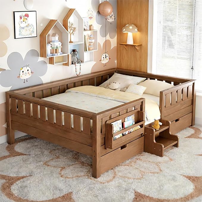 Bellemave Queen Bed with Storage Drawers & Bookshelf, Low Profile Kids Bed Frame with Staircase & Full Length Guardrails, Solid Wood Queen Bed for Kids with Slats Load 550LBS, Easy Assembly, Oak Brown