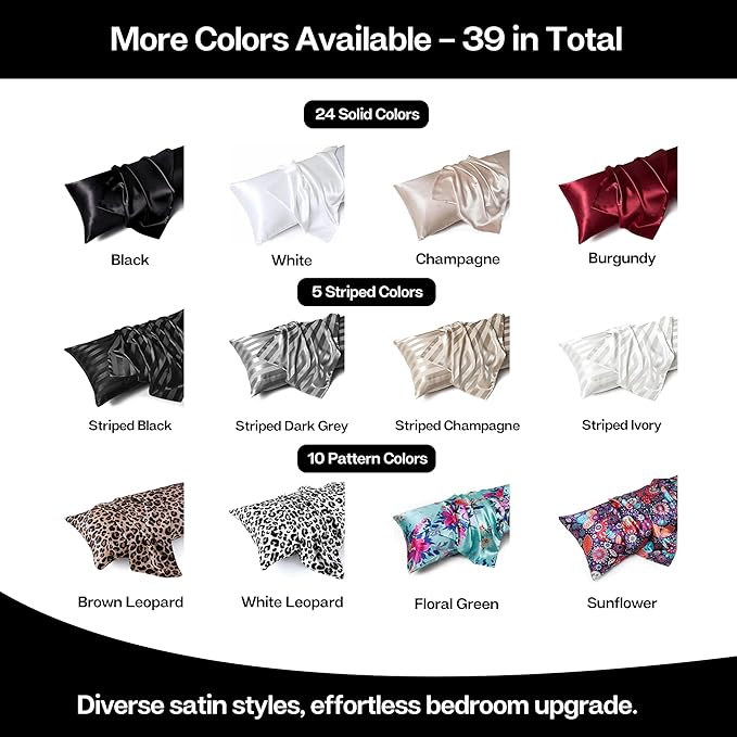 MR&HM Satin Body Pillow Cover, Soft and Breathable Body Pillow Case with Envelope Closure, Cooling and Silky Long Pillowcase for Hair and Skin,Grey (20x54, Black)