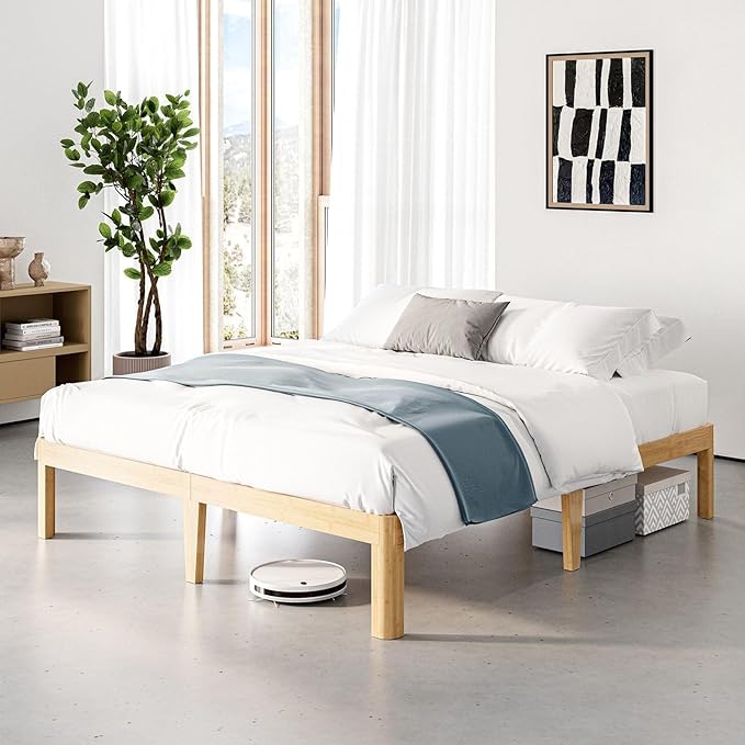 14 Inch High Bamboo Wood King Size Bed Frame Platform, Metal Slat Support King Bed Frame, No Box Spring Needed, Easy Assembly, Noise Free, Reinforced