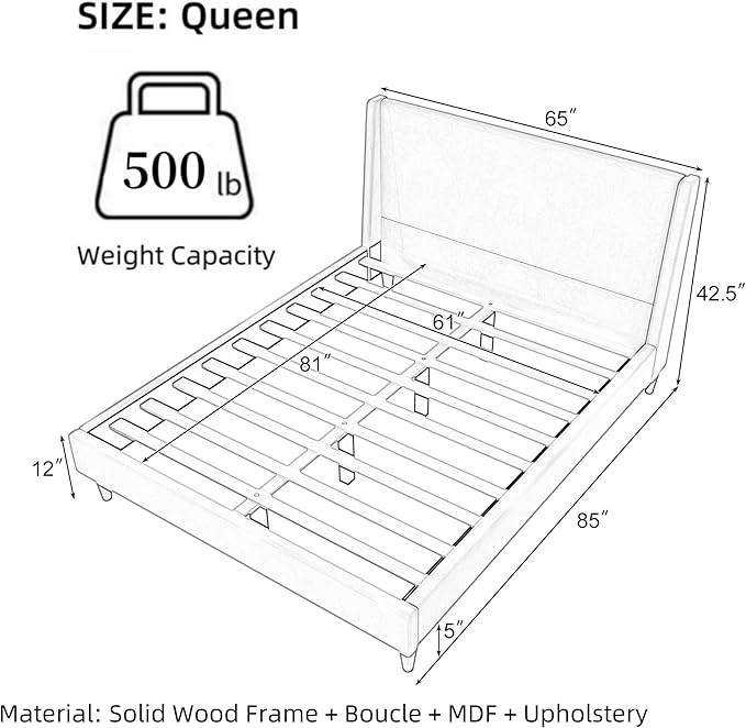 Merax Solid Wood Queen Size Boucle Bed Frame with Wingback Headboard, Modern Upholstered Platform with Walnut Wooden Legs, Strong Wooden Slats, No Box Spring Needed, Easy Assembly, Noise-Free, Ivory
