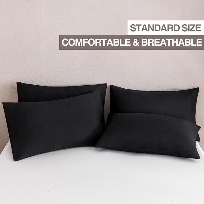 MINIPANDA Black Pillow Cases Standard Size Set of 4 - Super Soft, Smooth and Breathable Standard Pillow Cases- Envelope Design - Machine Washable Lightweight (20X26 Inches (4 Piece))