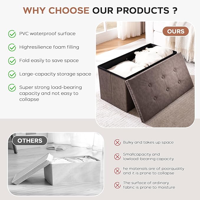 30 Inches Storage Ottoman Bench, Foldable Foot Rest with Rivet Design, 15 x 30 x 15 Inches, End of Bed Bench Footstool, Storage Chest, Load up to 330 lb, for Living Room, Bedroom, Entryway, Oak Brown
