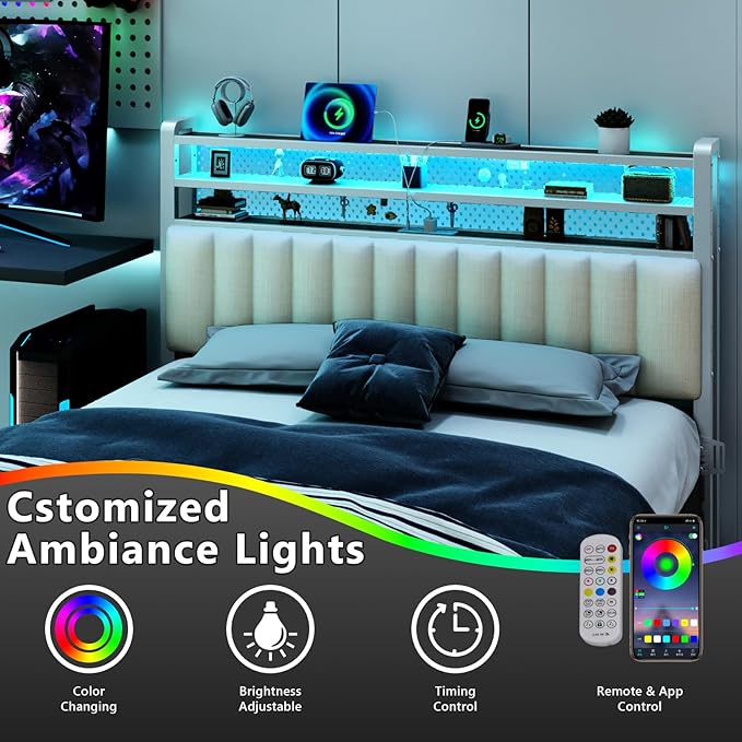 VINGLI King Size Headboard with Shelf, Adjustable Upholstered Headboards with Storage, 3 Tier Shelves and LED Lights, Charging Stations and Pegboard, Modern Bed Head Board, White