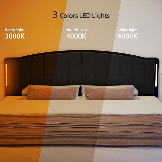 Headboard for King Size Bed with LED Lights, Upholstered Vertical Channel Tufting Head Boards, Velvet Headboard Only, Study & Comfortable, Ideal for Bedroom, Dorm, Guest Room, Black