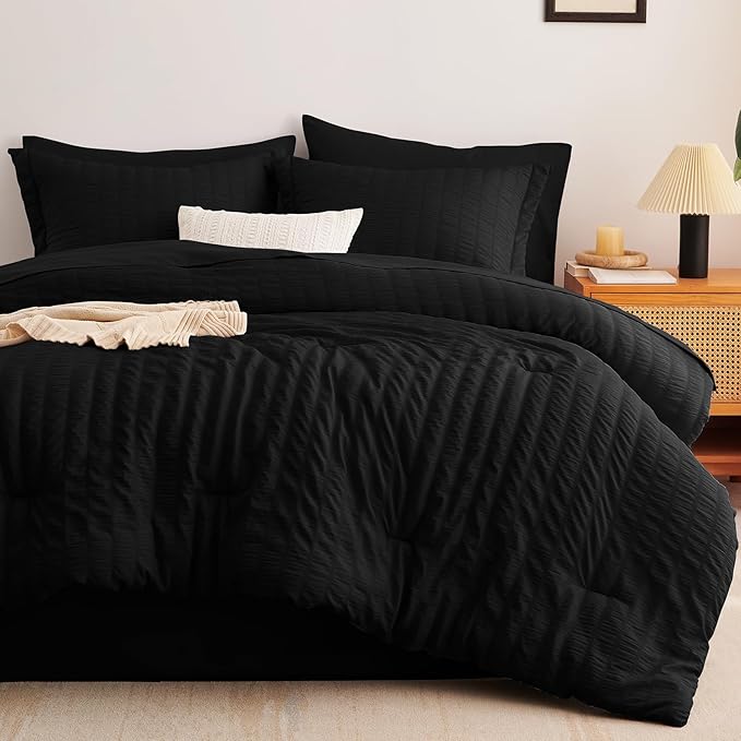 CozyLux King Size Comforter Set Black Seersucker 7 Pieces Bed in a Bag King Comforter Set with Sheets, Luxury Soft Bedding Sets with Down Alternative Comforter, Sheets, Pillowcases & Shams All Seasons