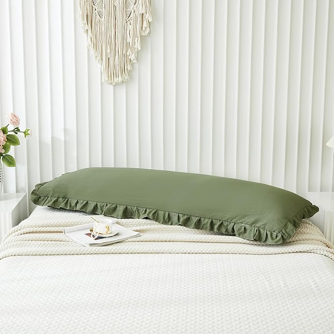 Shabby Chic Olive Green Body Pillow Cover - 20x54in Long Pillowcase with Ruffled Fringe Decor