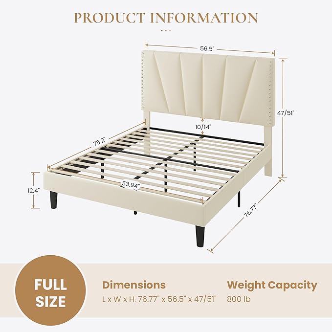 SHA CERLIN Full Size Bed Frame with Adjustable Upholstered Velvet Rivets Headboard, Sturdy Wooden Slats, Strong Platform Support for Mattress, No Box Spring Needed, Easy Assembly, Cream