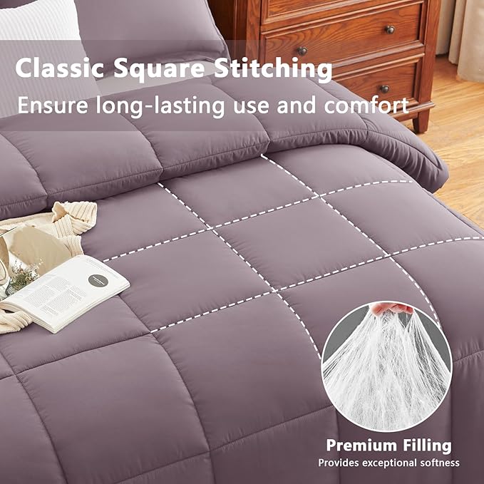 CozyLux Queen Comforter Set - 270GSM Dusty Purple Bedding Sets for All Seasons, 3 Pieces Box Stitched Bed Set with 1 Down Alternative Comforter and 2 Pillow Shams, Soft, Lightweight, Breathable