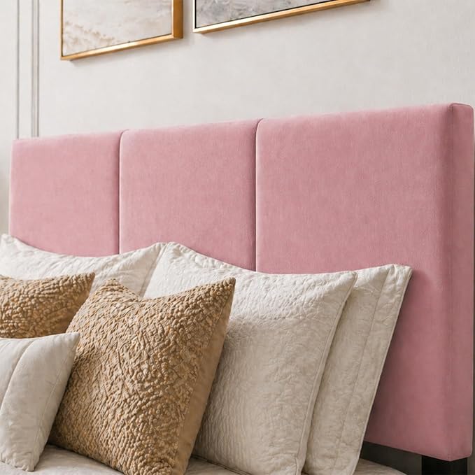 Queen Size Bed Frame with Headboard, Velvet Upholstered Platform Bed Frame, Sturdy Slatted Support for Springless Mattresses, Silent Operation, Easy to Assemble, Pink