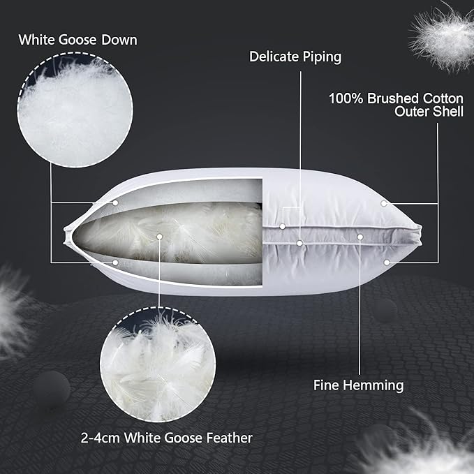 Feather and Down Pillows for Sleeping(2 Pack), Queen(20inx30in)-White Goose Down Feather Bed Pillow Inserts, 100% Cotton Cover, for All Sleep Positions
