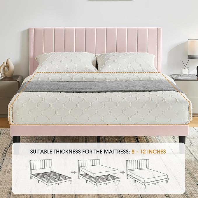 Queen Bed Frame Upholstered Platform,Queen Size Bed Frame with Velvet Headboard,Non-Slip and Noise-Free/Wooden Slats Support/No Box Spring Needed/Easy Assembly/Mattress Foundation (Pink, Queen)