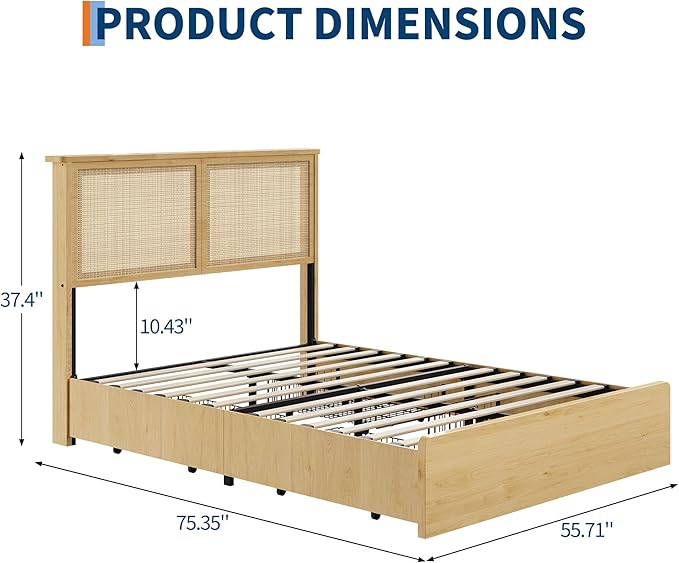 GAOMON Full Size Rattan Bed Frame with 4 Storage Drawer, Boho Style Rattan Bed with LED Light & Natural Headboard, Sturdy Wooden Slats Support, No Box Spring Needed