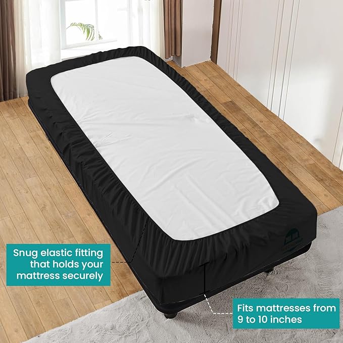 Cot Fitted Sheet 31 x 75 Inches 10" Deep Pocket 100% Egyptian Cotton 600 Thread Count Snug Fit for Trifold Mattress, Narrow Twin, Camp Bunk, Guest Bed, Army Cot Soft & Breathable – Black