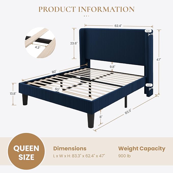 SHA CERLIN Queen Size Corduroy Upholstered Platform Bed Frame with Vertical Channel Tufted Wingback Headboard, 8" Under Bed Storage, Wooden Slats & Metal Frame Support, Easy Assembly, Dark Blue