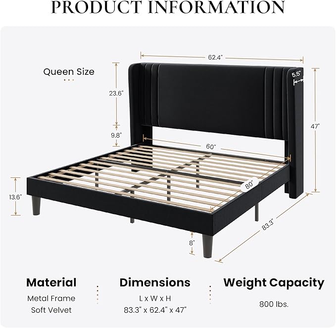 SHA CERLIN Queen Size Velvet Upholstered Platform Bed Frame with Vertical Channel Tufted Wingback Headboard, Wooden Slats Support, Easy Assembly, Under Bed Storage, No Box Spring Required, Black