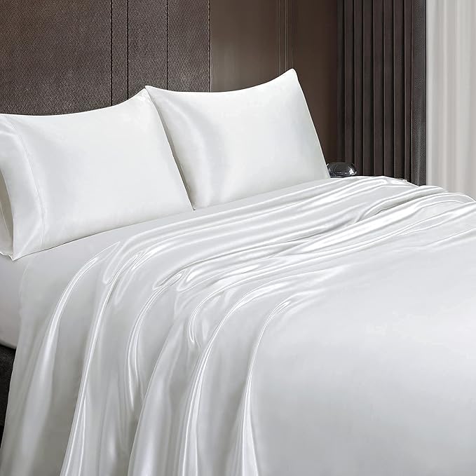 Homiest 4pcs Satin Sheets Set Luxury Silky Satin Bedding Set with Deep Pocket, 1 Fitted Sheet + 1 Flat Sheet + 2 Pillowcases (Cal King Size, White)