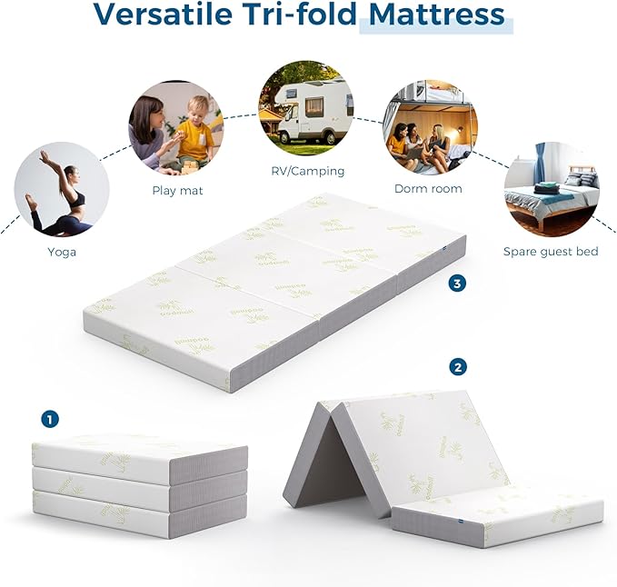 Inofia Twin Folding Mattress, 5 Inch Trifold Memory Foam Mattress with Soft Removable Cover - for Camping, Guest, and Floor Bed - Twin Size (78" x 38" x 5")