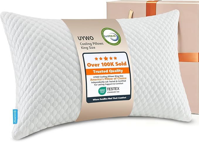 UYWO Cooling Memory Foam Pillows Firm and Soft, King Size 1 Pack, Original Adjustable Pillows for Side, Back or Stomach Sleepers with Removable Washable Cover