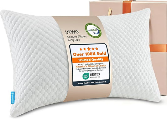 UYWO Cooling Memory Foam Pillows Firm and Soft, King Size 1 Pack, Original Adjustable Pillows for Side, Back or Stomach Sleepers with Removable Washable Cover