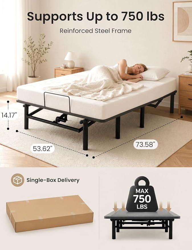 Full Size Adjustable Bed Base with Wireless Remote & USB Ports – Quiet Motor Heavy Duty 750lbs Capacity Bed Frame for Elderly Back Pain Relief, Foldable Design, Mattress Friendly Adjustable Base