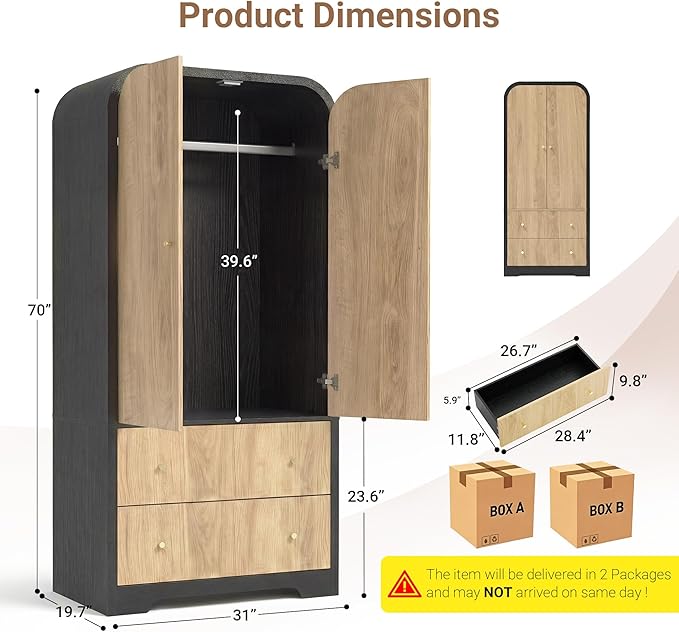 INNOVAR Arched Armoire Wardrobe Closet with 2 Doors,70" Tall Wardrobe Cabinet with 2 Drawers and Hanging Rod,Freestanding Wooden Bedroom Armoires for Bedroom,Gym,Cloak Room,Natural & Black