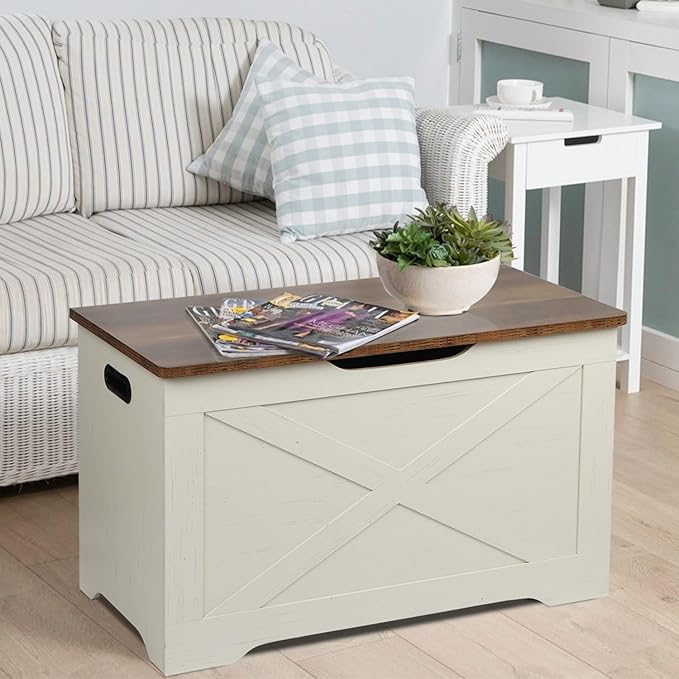 Timberer Storage Chest, Wooden Storage Bench, Entryway Shoes Bench with 2 Safety Hinges, for Living Room, Bedroom, 15.7 x 31.5 x 18.9 Inches, Brown and Rustic White