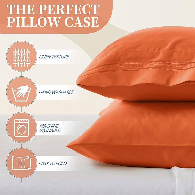Vonty 2 Pack Queen Pillow Cases - 20x30 Inch, 1800 Thread Count Microfiber Pillowcases Queen Size Burnt Orange Pillow Cases Luxury & Soft Embroidered Bed Pillow Covers with Envelope Closure