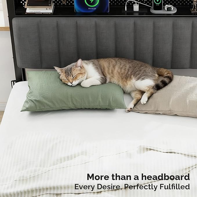 VINGLI Full Size Headboard Only, Adjustable Upholstered Headboard with 3 Tier Shelves and Pegboard with Charging Stations and LED Lights, Modern Bed Headboard with Storage for Bedroom Decor,Dark Gray