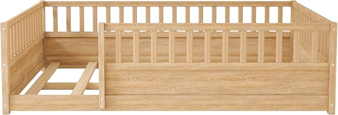 Bellemave Queen Floor Bed with high Fence, Solid Pine Wood Montessori Bed for Kids Girls Boys Floor Bed Frame, Natural with slats
