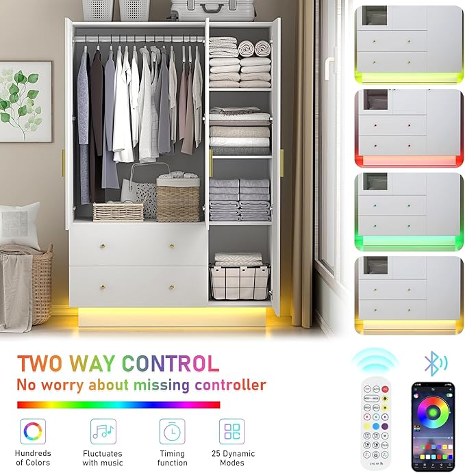 jiteentarou 3 Door Wardrobe Closet with Mirror & LED Lights, Bedroom Armoire with Drawers & Shelves, Modern Wooden Armoire Wardrobe Closet with Hanging Rod for Bedroom, White