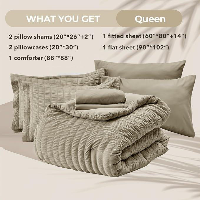 HYMOKEGE Linen Queen Comforter Set Seersucker 7 Pieces, All Season Luxury Bed in a Bag Queen for Bedroom, Bedding Set with Comforter, Sheets, Pillowcases & Shams