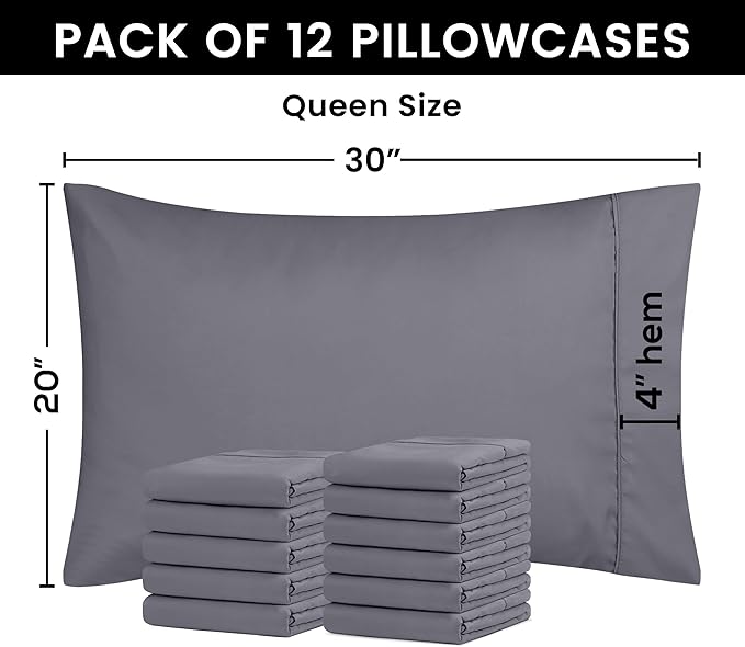 Utopia Bedding Queen Pillow Cases - 12 Pack - Envelope Closure - Soft Brushed Microfiber Fabric - Shrinkage and Fade Resistant Pillow Covers Queen Size 20 X 30 Inches (Queen, Grey)