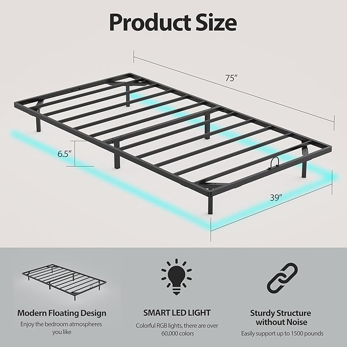 Twin Floating Bed Frame with Smart LED Lights Metal Platform Bed Easy Assembly No Box Spring Needed (Twin)