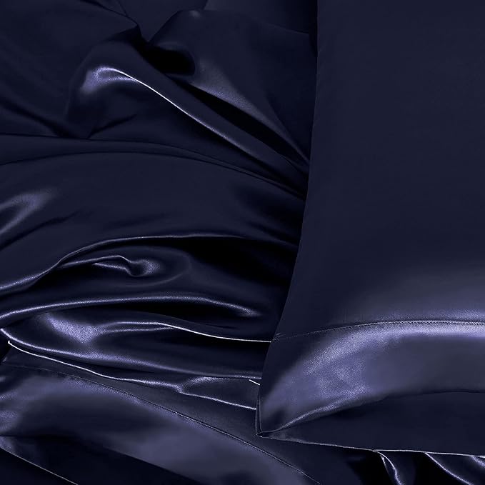 Homiest 4pcs Satin Sheets Set Luxury Silky Satin Bedding Set with Deep Pocket, 1 Fitted Sheet + 1 Flat Sheet + 2 Pillowcases (King Size, Navy Blue)