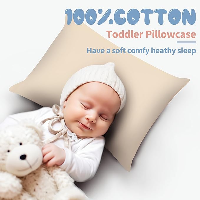 100% Egyptian Cotton Toddler Pillowcases Set of 2, 400 Thread Count Sateen Weave Small Pillow Protectors, Super Soft Breathable Zippered Pillow Covers 13x18 Inches (Beige, Toddler)