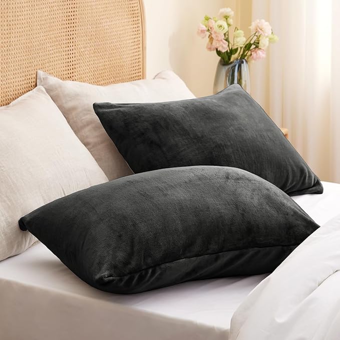BEDELITE Flannel Pillow Cases Queen Size Set of 2, Super Soft Fleece Pillowcases with Zipper for Bedroom, Sofa, Couch,Luxury Cozy Velvet Pillow Shams for All Seasons(20x30 Inches,Dark Gray)