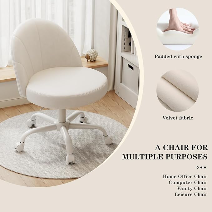 Velvet Vanity Chair with Wheels, Height Adjustable Swivel Makeup Chair, Armless Small Desk Chair for Bedroom/Office/Vanity Table, 250 lbs Capacity (Velvet, White)
