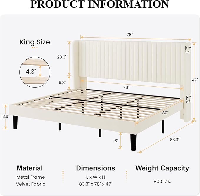 SHA CERLIN King Size Velvet Bed Frame with Vertical Channel Tufted Wingback Headboard, Upholstered Platform Bed with Wood Slats, No Box Spring Needed, Easy Assembly, Cream White