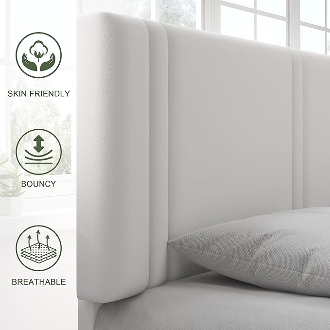 Feonase Queen Platform Bed Frame, Velvet Upholstered Queen Bed Frame, Solid Wood Slats & Heavy Duty Feet Support, No Box Spring Needed, Noise-Free, Easy Assembly, White