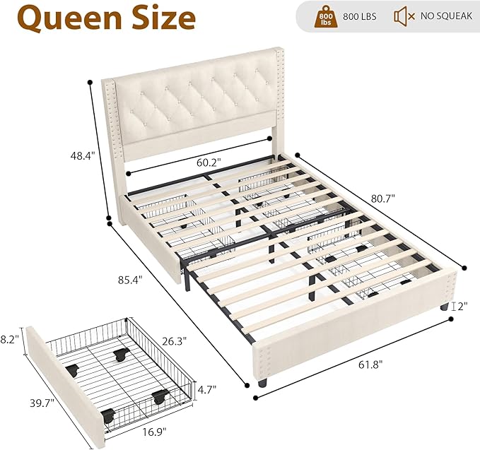 EVLIQUIL Bed Frame Queen Size with 4 Storage Drawers, Upholstered Headboard & Frame, Sturdy Metal Frame & Wood Slats, Platform Bed Frame No Box Spring Needed, Easy Assembly, Beige