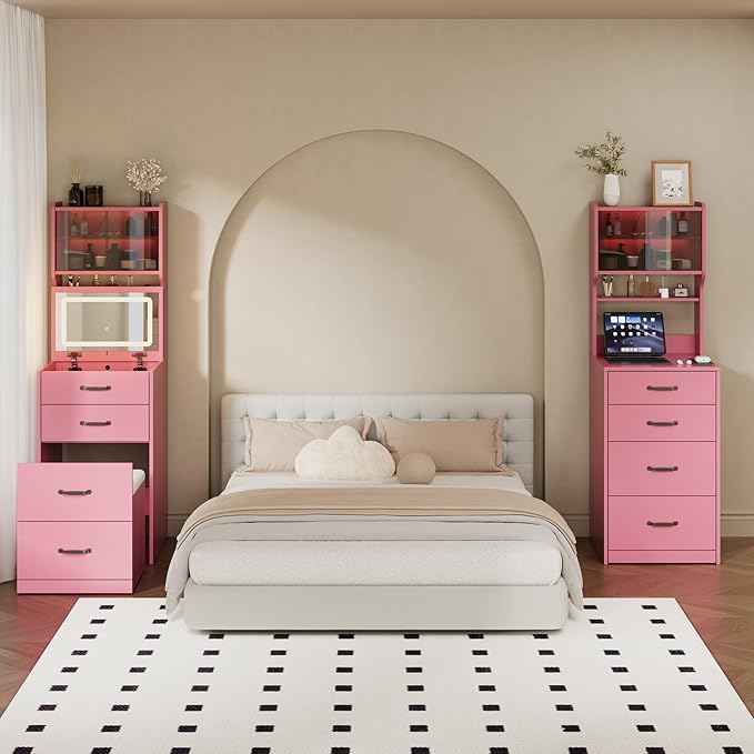 Garvee 3 in 1 Vanity Desk with 3 Color LED, Compact Makeup Vanity Set with 2 AC Outlets & USB, Dressing Table with Drawers & Acrylic Doors, Nightstand Vanity Mirror, Jewelry Box, Hidden Chair, Pink