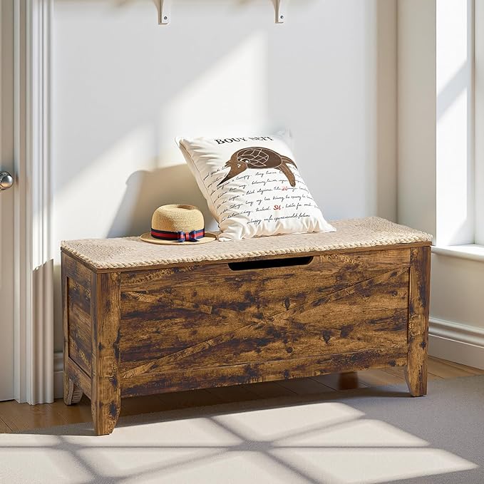 VECELO 43.3" Storage Bench with Handwoven Wicker Cushion, Lift Top Shoe Bench with Safety Hinges, Ideal for Entryway, Bedroom, Living Room, Brown