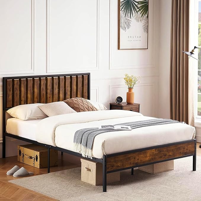 GarveeHome Full Size Bed Frame with Wood Headboard, Metal Platform Bed Frames with Heavy Duty Steel Slats, No Box Spring Needed, Under Bed Storage, Rustic Brown, Full
